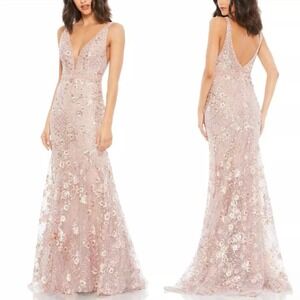 Mac Duggal Floral Embellished Sleeveless Plunge Neck Gown Rose Pink Size 14 NWT